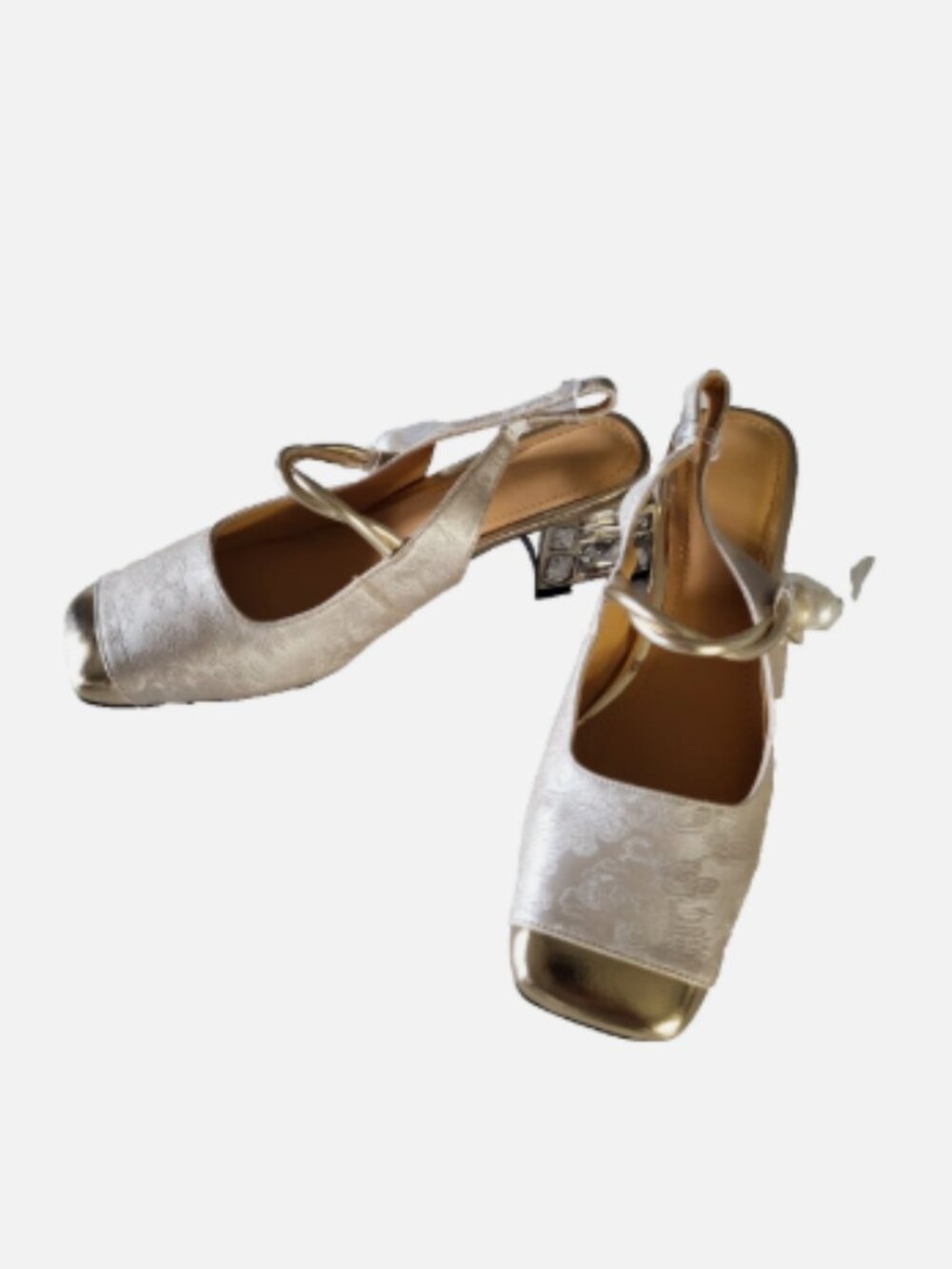 Women’s Ivory/Gold Floral Slingback Block Heels Square Toe Rhinestone US 7.5M - Picture 2 of 13
